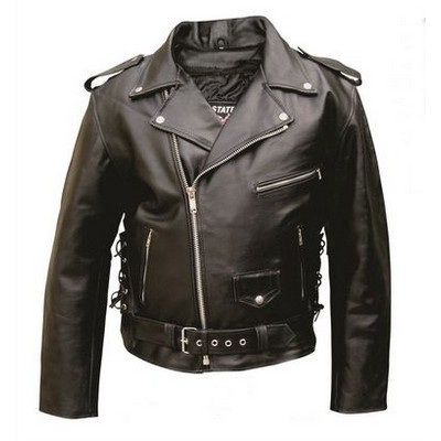 Black Men's Premium Leather Biker Jacket w/Side Laces