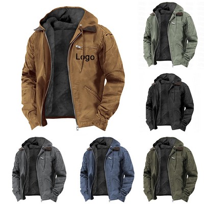 Men's Winter Fleece Lined Hooded Tactical Jacket With Pockets, S-5XL