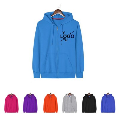 Solid Color Cotton Zip-Up Hoodie