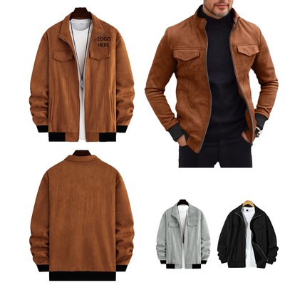 Mens Suede Jacket Classic Trucker Coat Vintage Casual Lightweight Full Zip