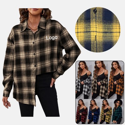 Womens Casual Cuffed Long Sleeve Boyfriend Button Down Plaid Flannel Shirt Tops